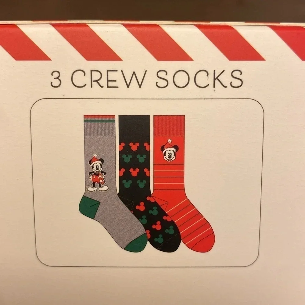 Disney Mickey Mouse Holiday Crew Socks Set 3 Pairs Gift Box NIB Red Grey Black